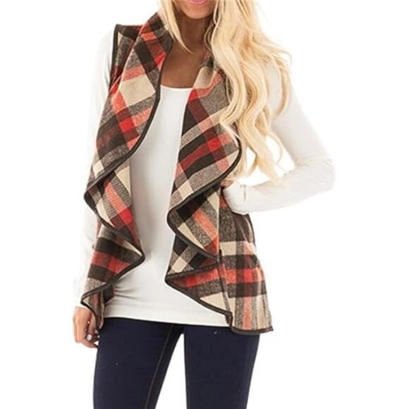 Women Plaid Vest Lapel Open Front Sleeveless Jacket Outerwear Cardigan - Picture 7 of 7
